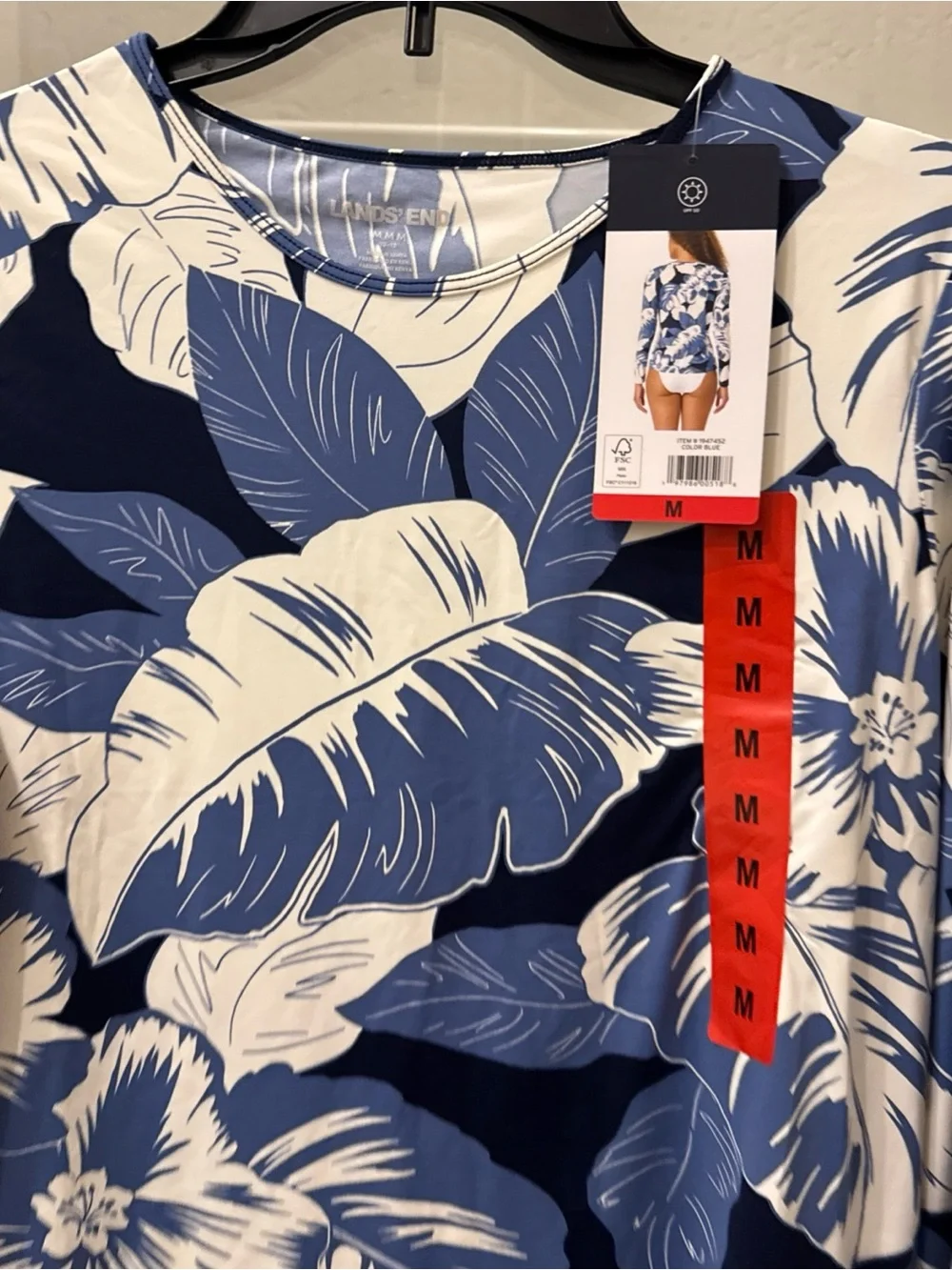 Lands' End Navy and Cream Tropical-Print Long Sleeve Top